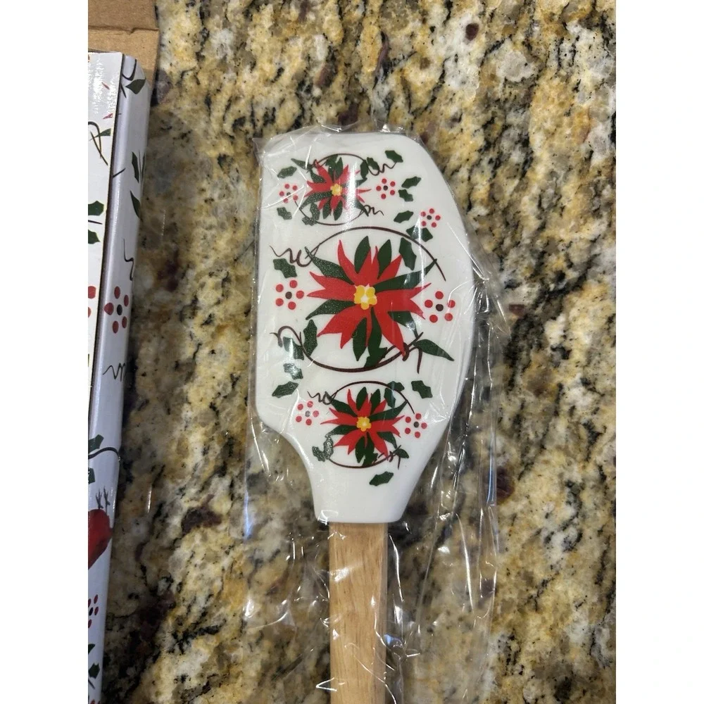 Temptations Christmas Poinsettias Silicone Spatula With Wooden Handle New In Box